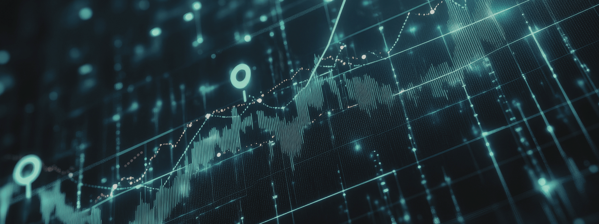 Abstract of market data showcased with teal lines and circles. 1-min