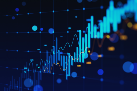 Market data trending upward highlighted in blue and yellow. 