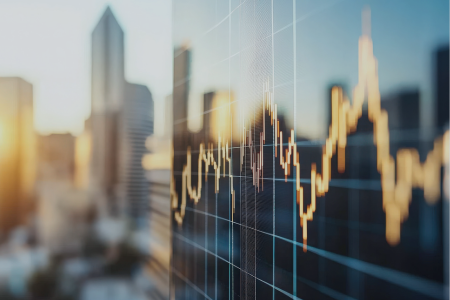 NYC skyline with market data displayed on a high-rise building.