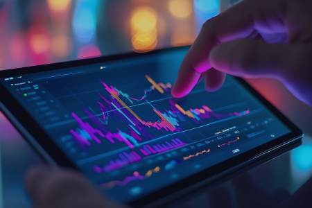 Market data highlighted in multiple bright colors on an iPad.