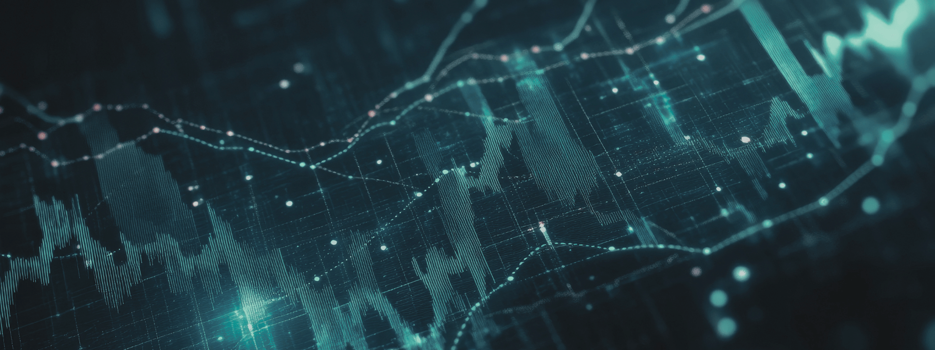 Abstract of market data showcased with teal lines and circles.